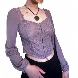 Lilac lace long sleeve top with button front and puffy sleeves